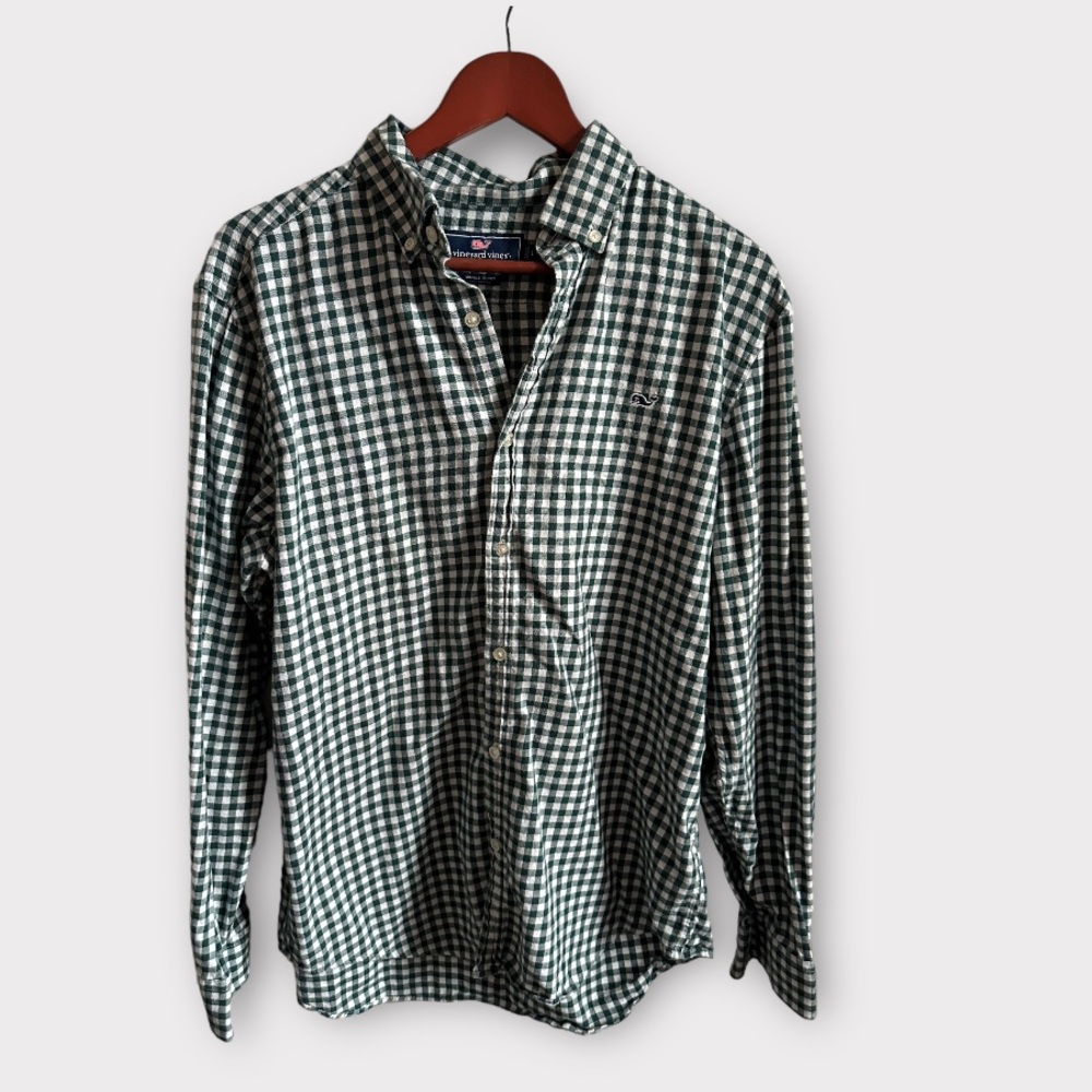 Vineyard Vines Whale Shirt Green Gingham Button Down Long Sleeve Men's L